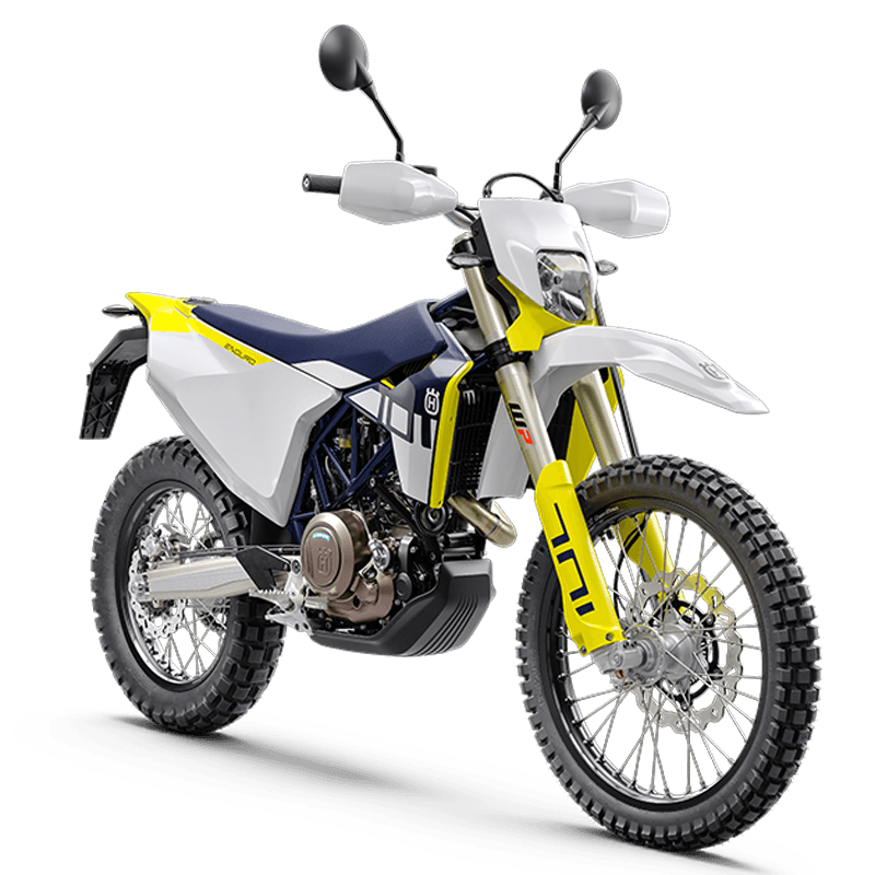 Moto Husqvarna 701 Enduro blanche et jaune présentée par le concessionnaire à Fréjus sur la Côte d’Azur