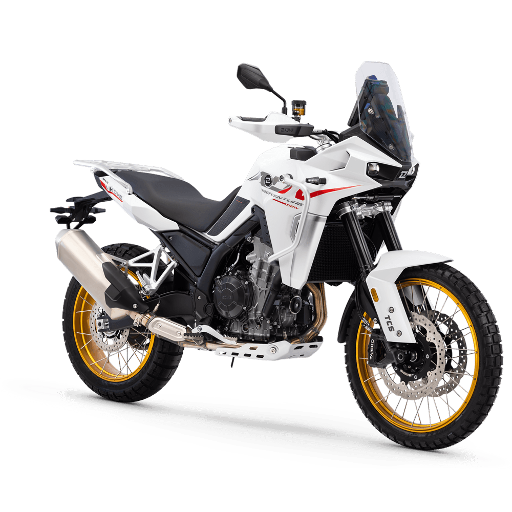KOVE 800X Pro blanche, moto adventure équipée pour la route et le tout-terrain